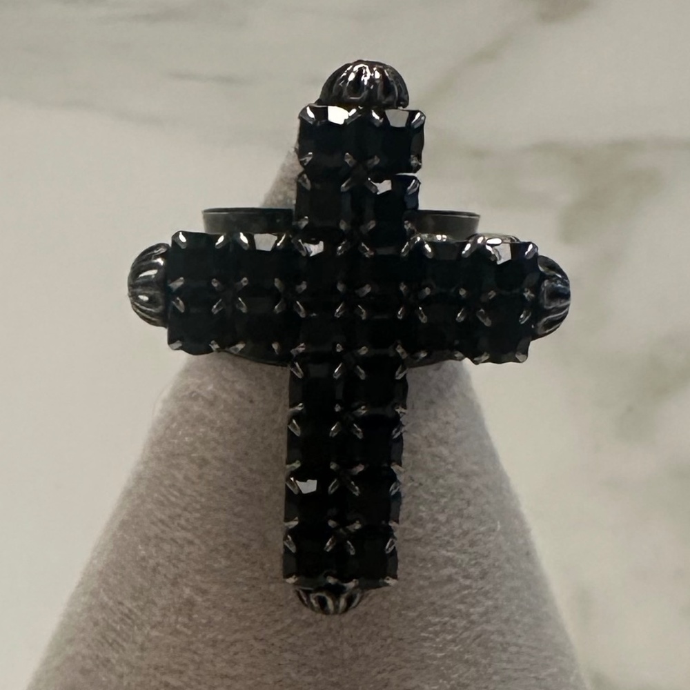 DANNY POLLAK - Bold black and clear crystal cross statement ring